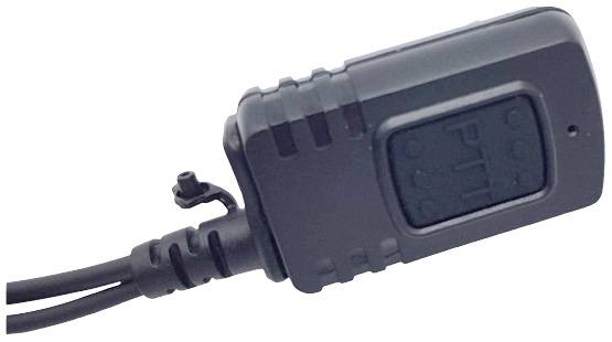 Black radio device part with 'PTT' button, connected by a cable.