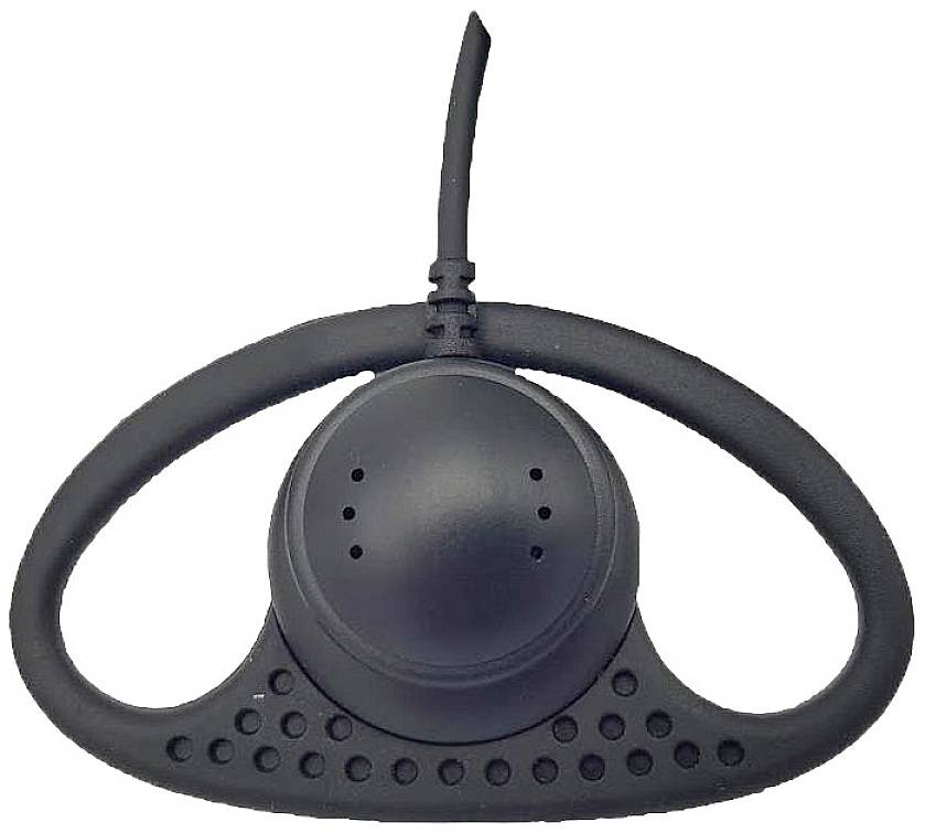 Black, oval earphone with a flexible hook and integrated microphone in the middle. Ideal for communication applications.