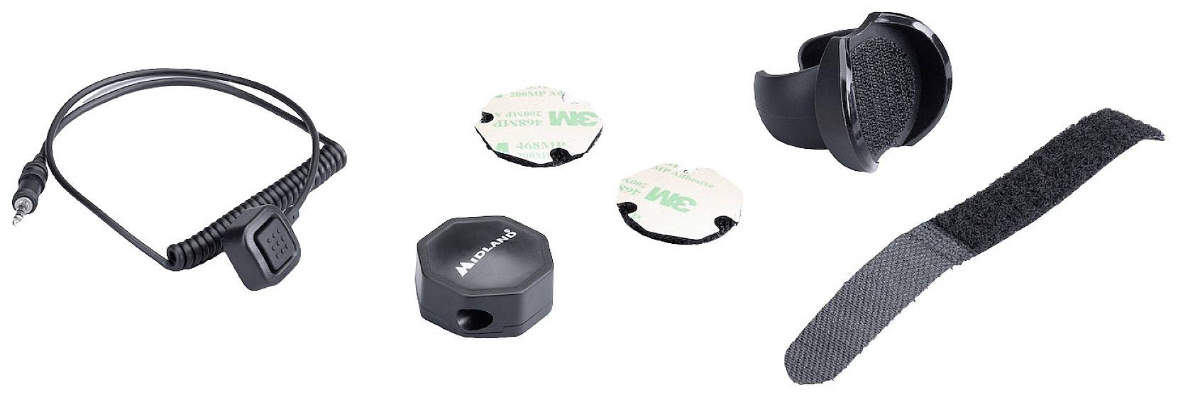 Accessory set comprising a cable with an integrated microphone, two round adhesive elements, a black clip, and a hook and loop fastening band.