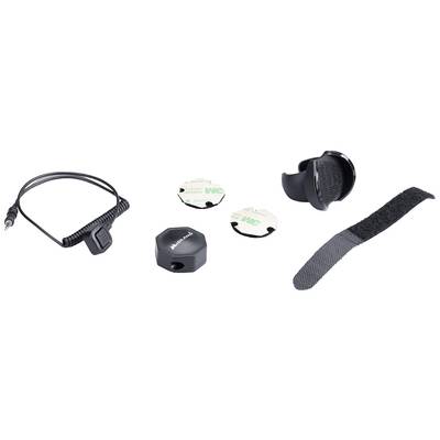 Accessory set comprising a cable with an integrated microphone, two round adhesive elements, a black clip, and a hook and loop fastening band.