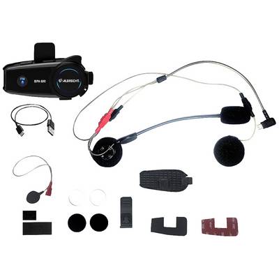 Albrecht BPA 600: Black Bluetooth Headset for Motorcycle Helmets with Microphone, Speakers, Cables and Mounting Hardware.