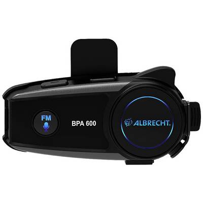 Black communication device with blue display, showing 'ALBRECHT' and 'BPA 600'. Left button with 'FM' and microphone symbol.