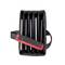 'Bag with five tablets in separate compartments for organised transport. Black fabric bag with red handle.'