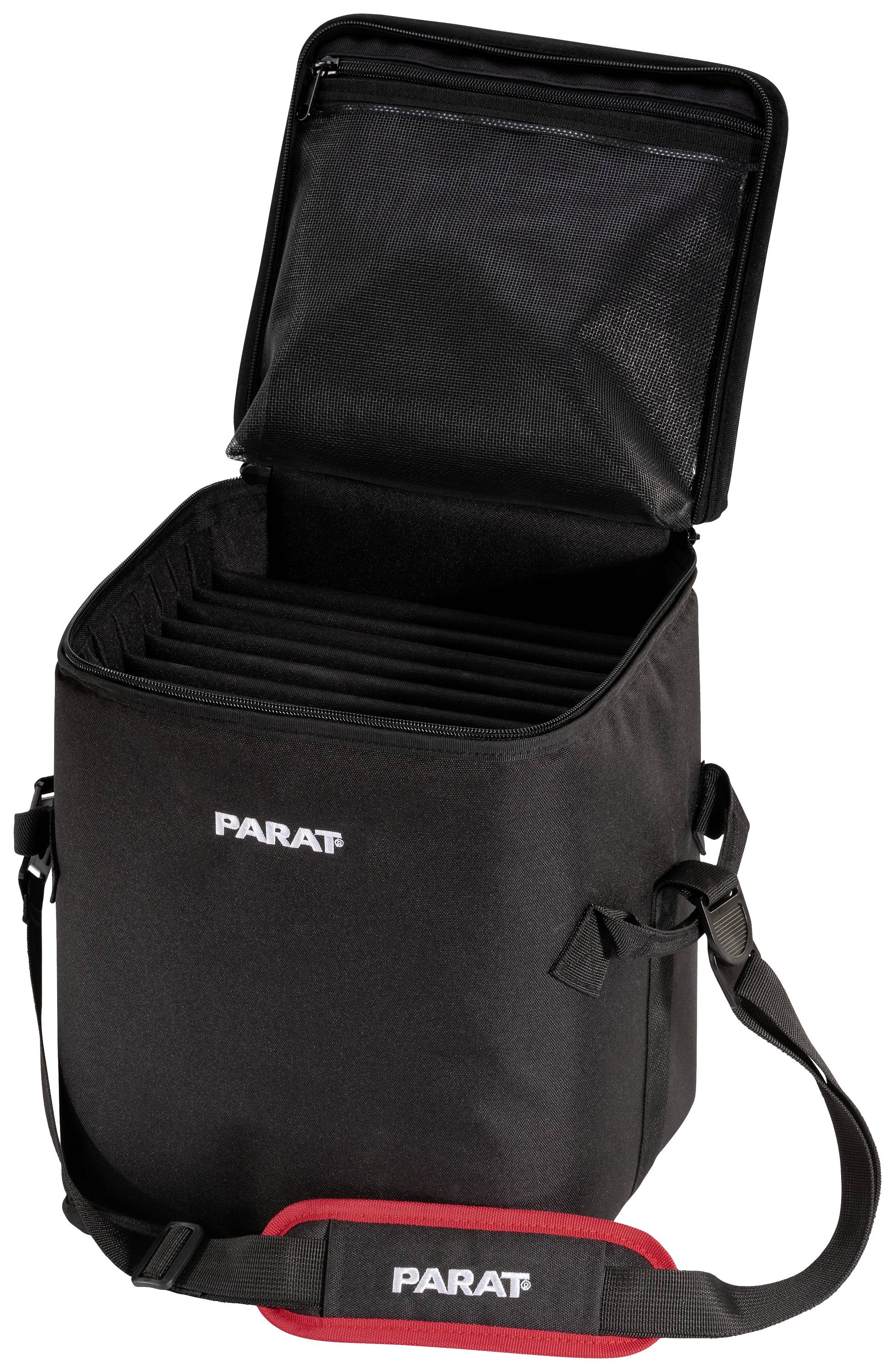 Black Paratrooper bag with adjustable strap, open, showing multiple compartments for storing tablets or technical devices.