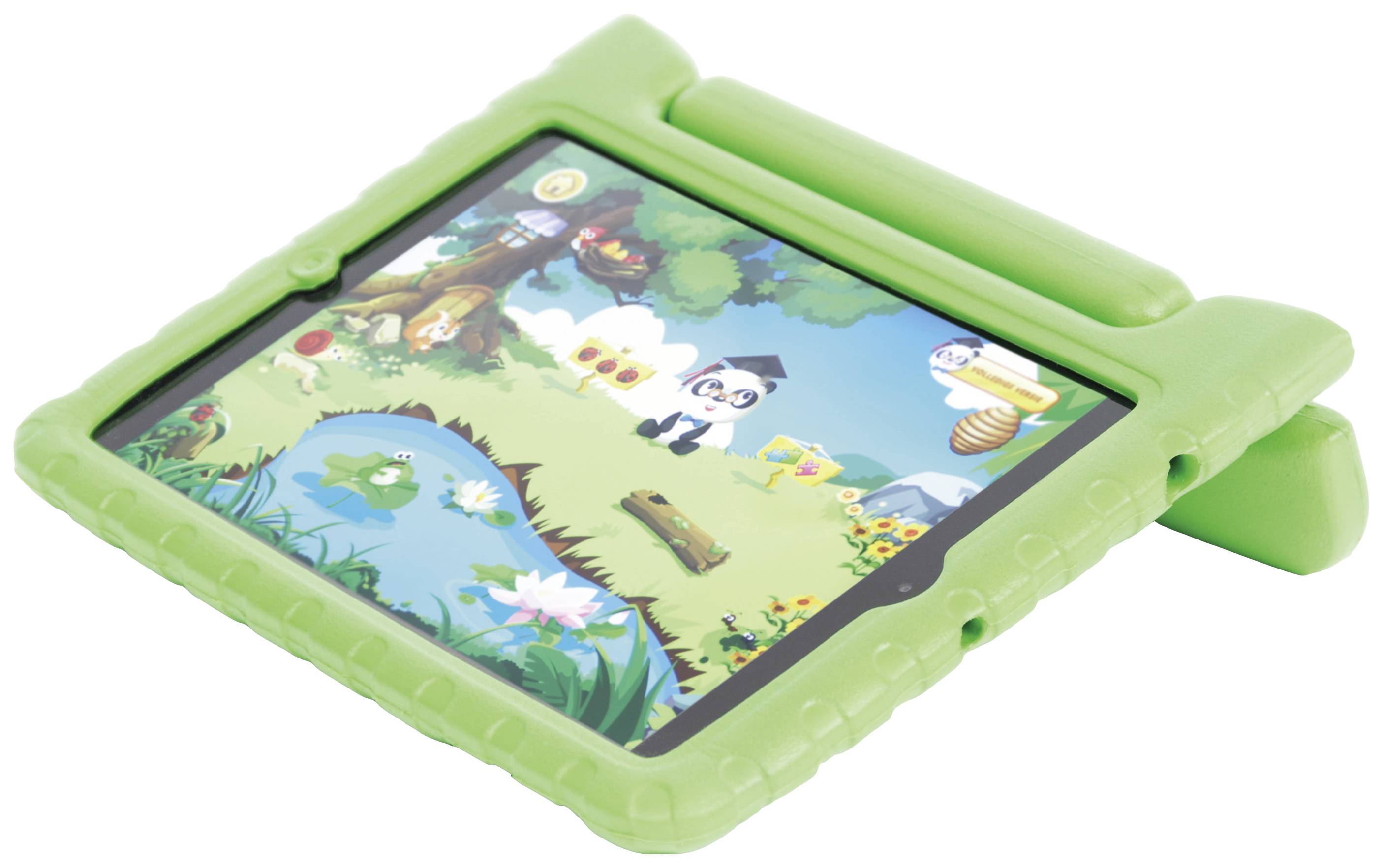 A green tablet with a child-protective case displays a colourful educational game featuring cartoon animals in a woodland landscape.