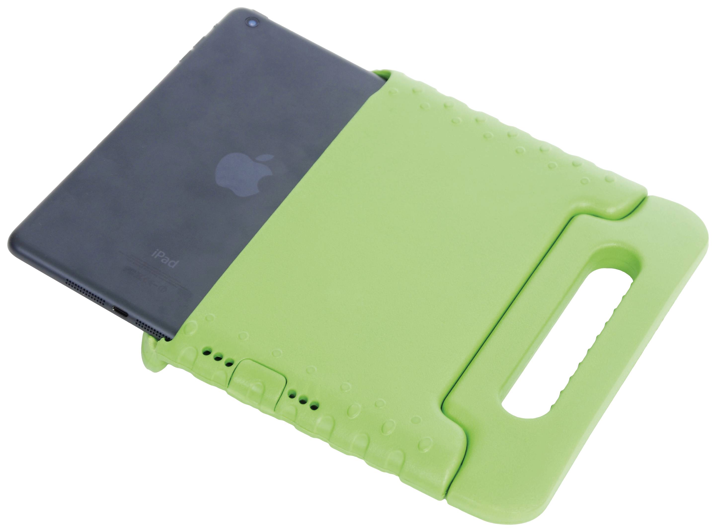 Green tablet case with a carrying handle, partially covering a grey tablet, on a white background.