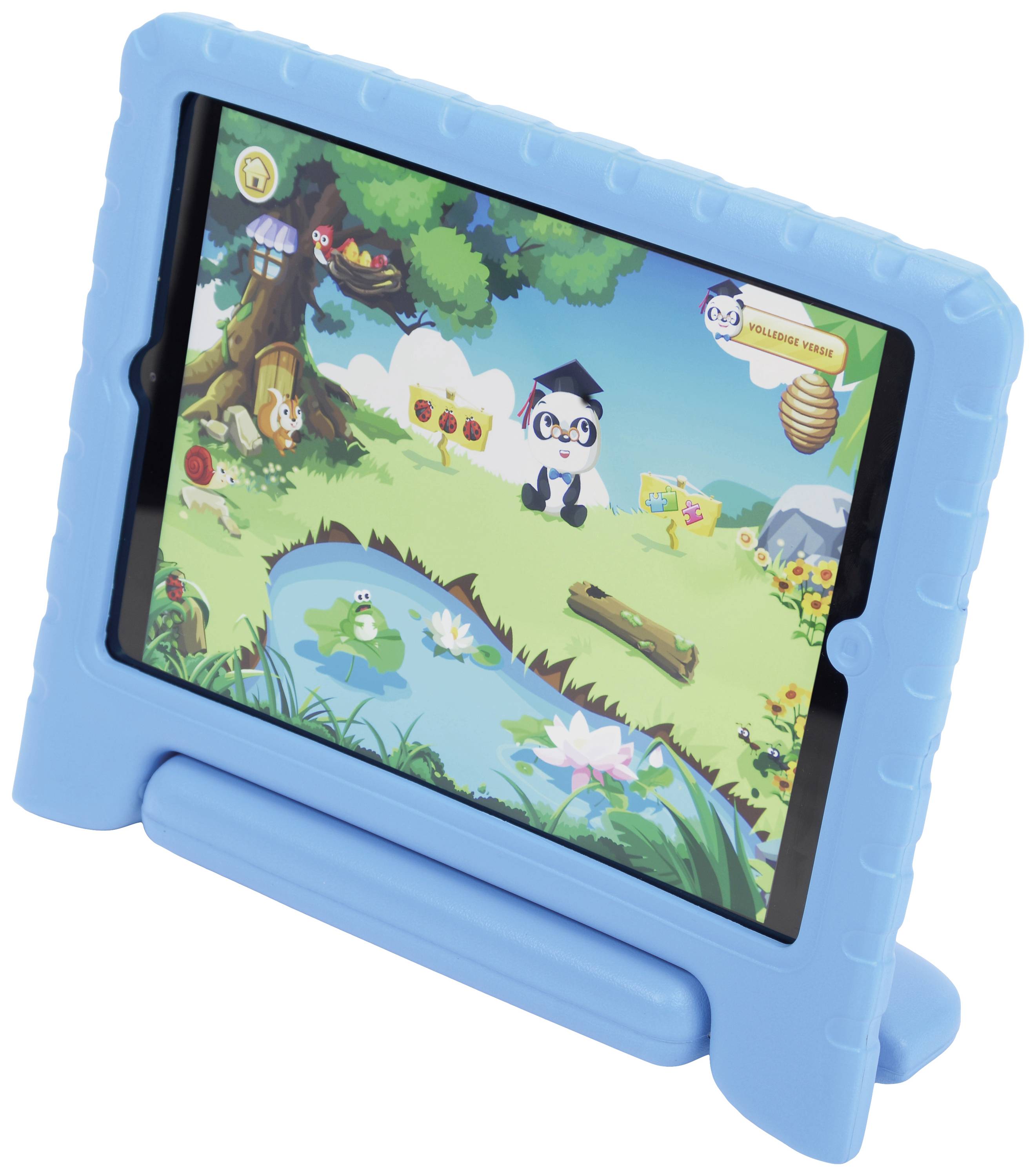 Tablet with a blue protective case displays a colourful educational game featuring animals and a natural backdrop. Children's characters and objects are visible.