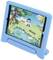 Tablet with a blue protective case displays a colourful educational game featuring animals and a natural backdrop. Children's characters and objects are visible.