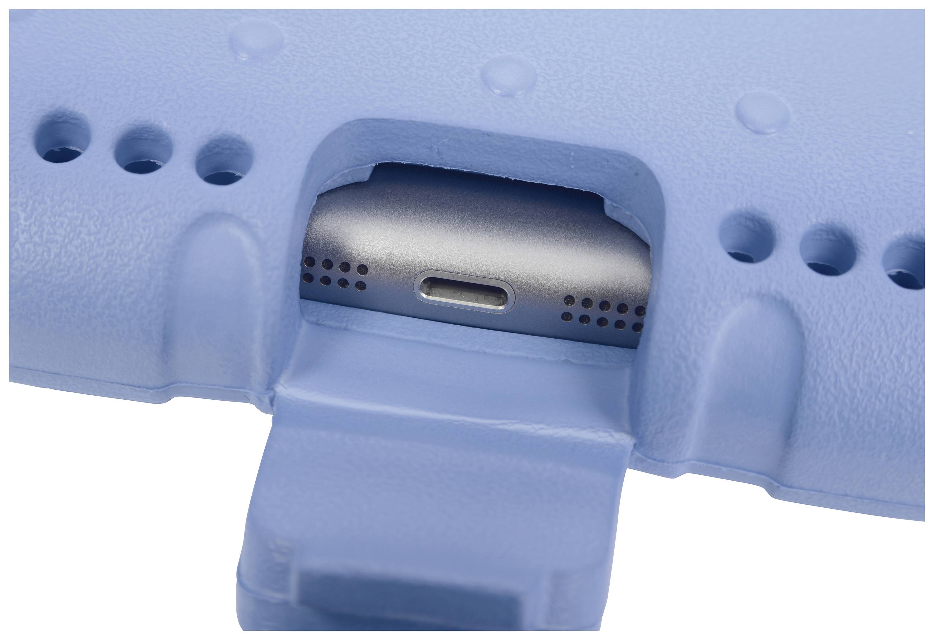 A smartphone is nestled in a blue protective case, with the charging port visible.