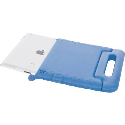 A silver tablet partially inserted into a blue protective case, with a handle on the right side of the case.