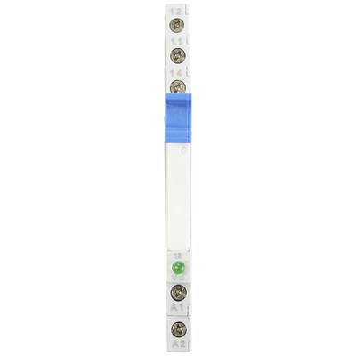A vertical electrical terminal block with multiple screw terminals, a blue marking, and a green indicator light.