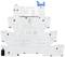 A white relay module with specifications for electrical voltage and load. Maximum load: 6A, 250V. Suitable for 230VAC coils.
