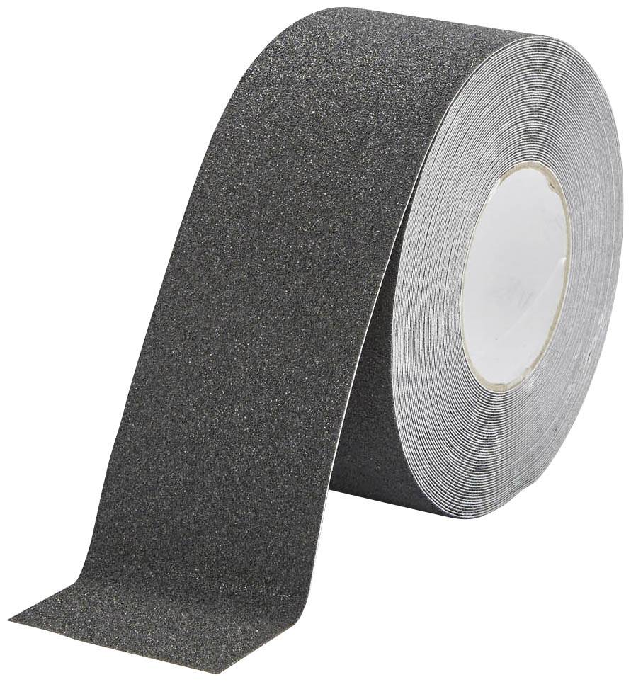 Roll of black anti-slip adhesive tape, with a coarse-grained surface texture, designed to increase slip resistance on smooth surfaces.