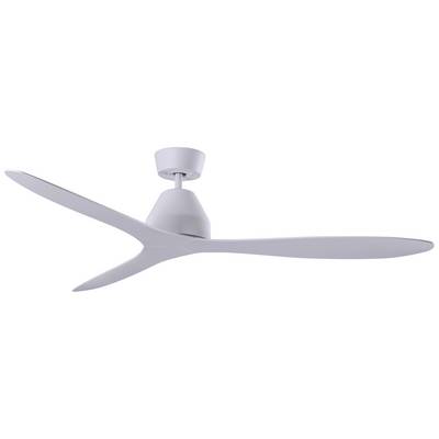 A modern ceiling fan with three long, curved blades in white. Ideal for ventilating interior spaces.