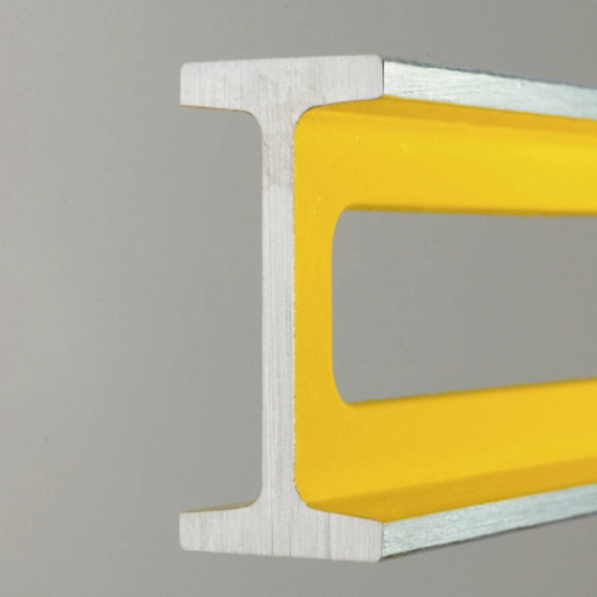 A yellow metal beam or truss section, showing cross-section and structural details, against a grey background.