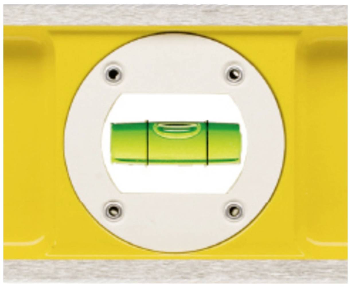 Yellow spirit level with a circular bubble vial in the centre, showing a centrally aligned air bubble, indicating a level alignment.