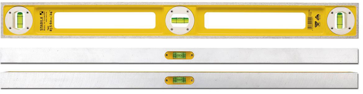 Spirit level with a yellow casing and three vials for precise angle measurement, shows horizontal and vertical alignment.