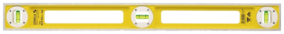 Yellow spirit level with three vials, indicating horizontal and vertical planes.
