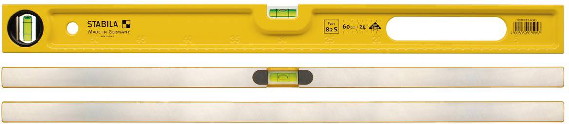 Spirit level with yellow and metal finish, featuring a transparent bubble vial in the centre for precise levelling.