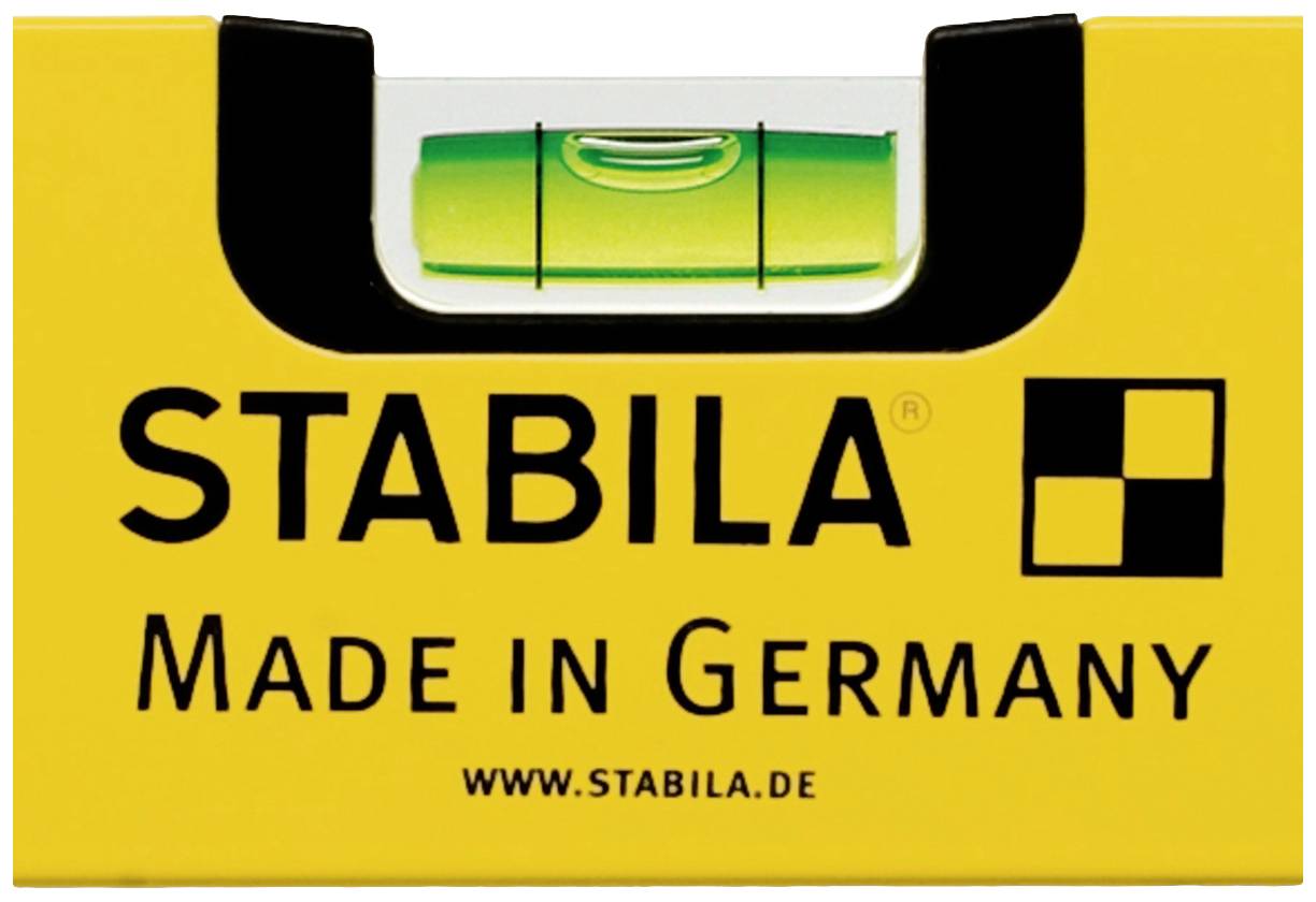 Spirit level with a yellow housing, green vial. Inscription: 'STABILA Made in Germany', website 'www.stabila.de'.