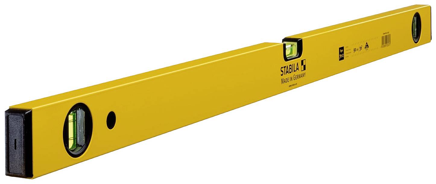 Yellow spirit level with two vials, one at each end. Used for measuring horizontal or vertical alignment.