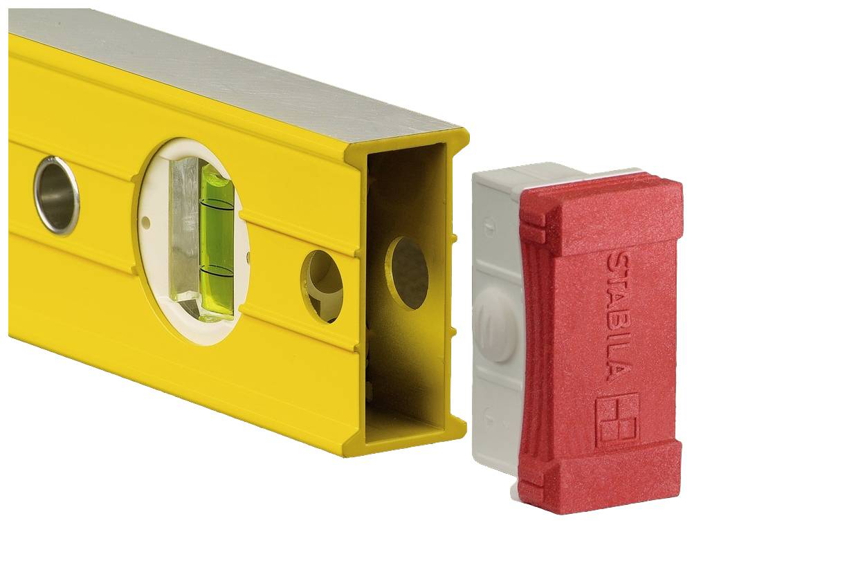 Spirit level in close-up with a red protective cap. The bubble vial for measuring horizontal and vertical alignment is visible.