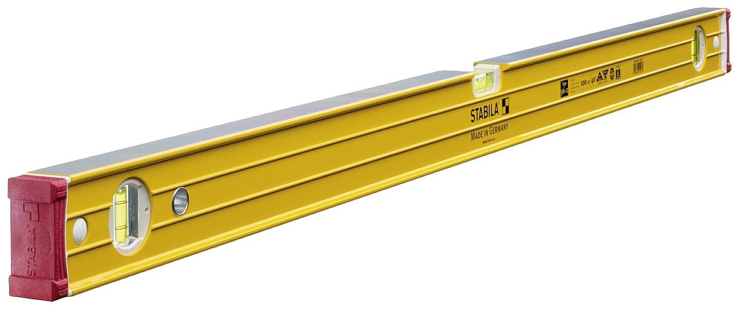 Yellow metal spirit level with red end caps, featuring two vials for measuring horizontal and vertical alignment.