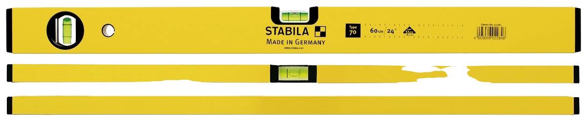 Spirit level in yellow by Stabila with central vial. Inscription 'Made in Germany'.