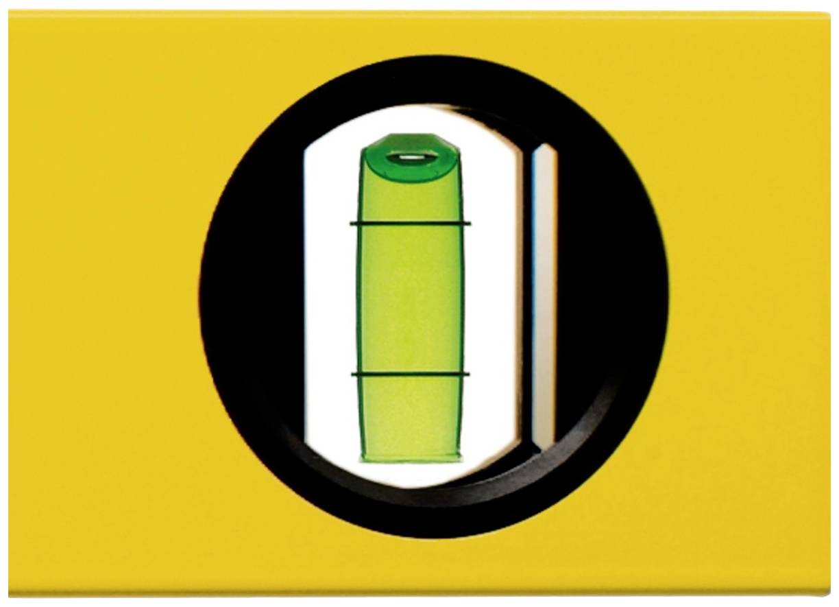 'Close-up of a spirit level in a yellow holder. The bubble in the green tube indicates that the surface is level.'