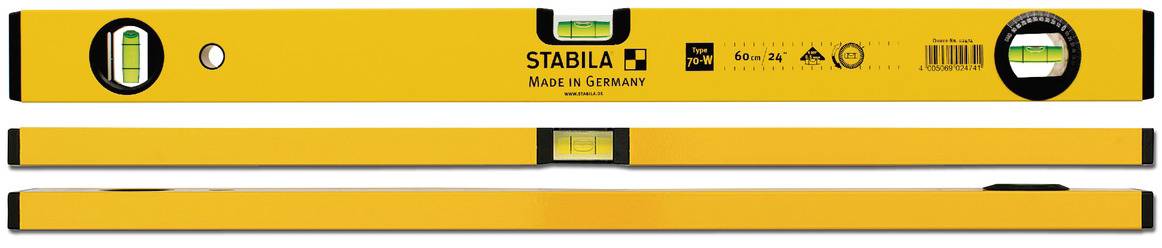 A yellow spirit level by 'STABILA', manufactured in Germany, 60 cm long, shows a levelling unit for horizontal alignment.