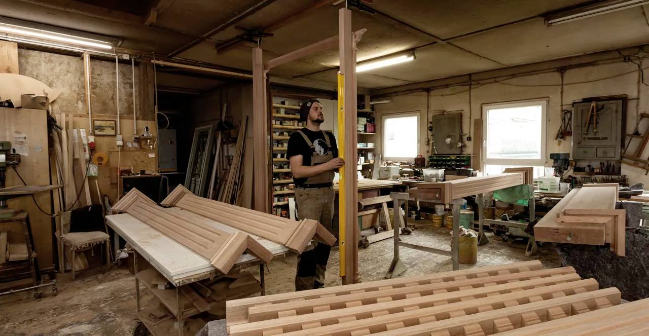 Yellow toolbox on a workbench with several spirit levels and a hammer; the environment looks like a workshop.