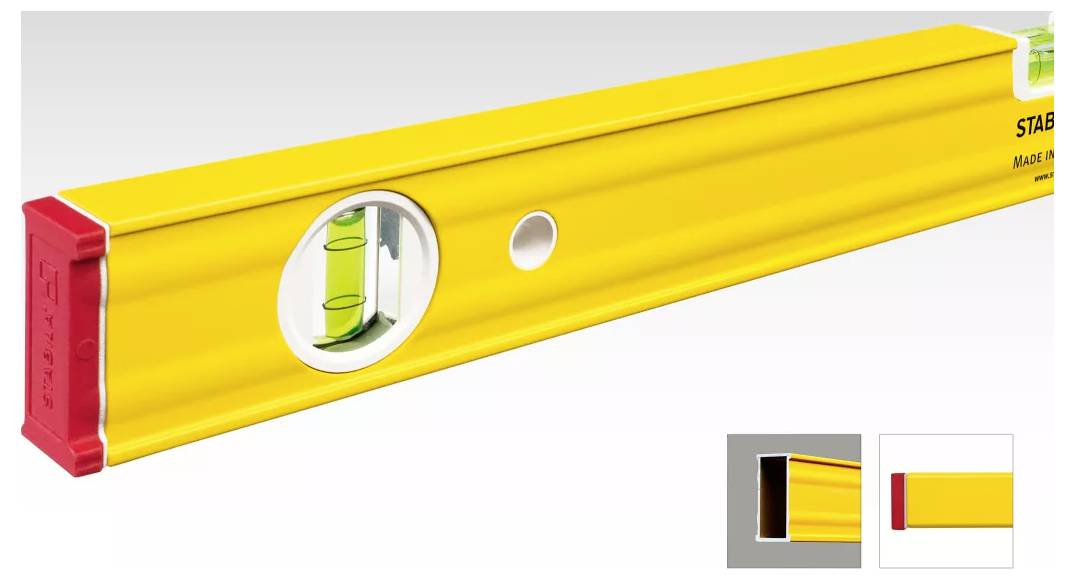 Yellow spirit level with a round bubble vial in the centre. Suitable for measuring and aligning. Red ends and robust construction.