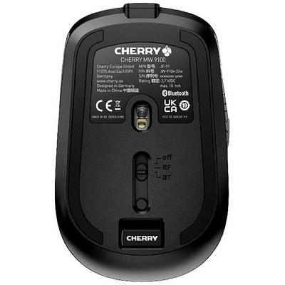 The back of a black computer mouse with various logos, switches, and an optical sensor in the centre.