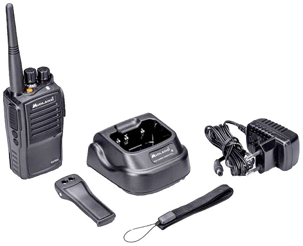 Walkie-Talkie Set: A walkie-talkie with an aerial, charging station, belt clip and power cable. All components are black.