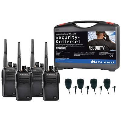 'Security Briefcase Sets' with four walkie-talkies and accessories. Includes labelling 'Security'. Suitable for events and security services.