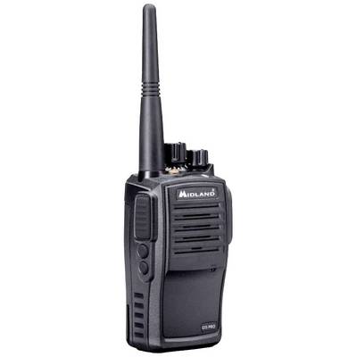 A black handheld radio with an antenna, several dials and buttons, marked with 'Midland'.