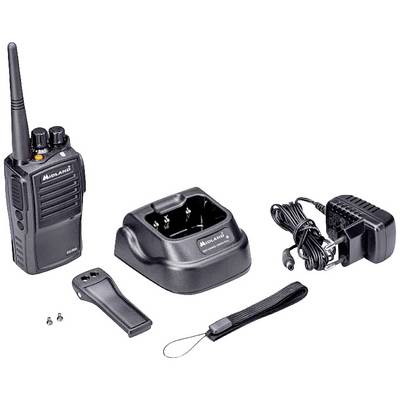 Handheld radio set with radio device, charging station, power supply, mounting clip, carry strap and screws.