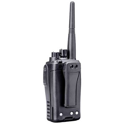 A radio transceiver with an antenna and multiple rotary knobs on the top surface, suitable for communication over radio frequencies.