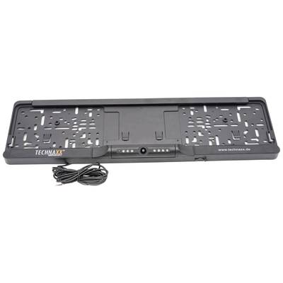 Number plate holder in black with integrated reversing camera. Cable visible, brand 'Technaxx'. Suitable for vehicle mounting.