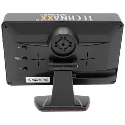 Back of a TECHNAXX device with a stand and menu buttons. Bayonet lock in the centre. Model number RC-HW202108170001 visible.