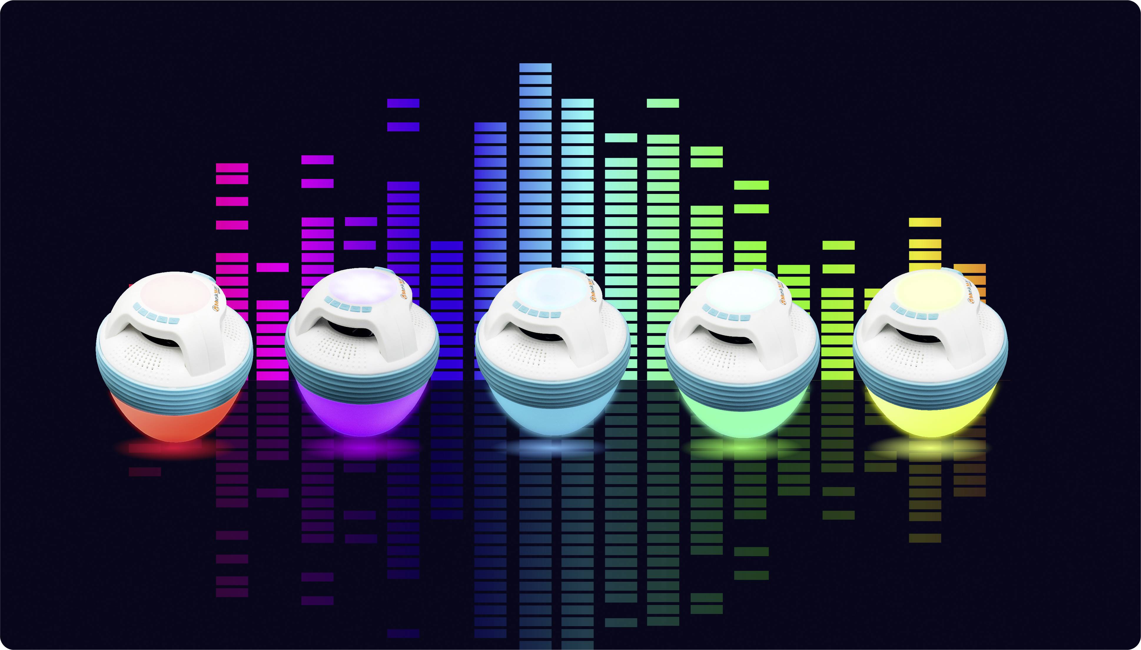 Five colourful, glowing speakers in front of a background with vibrant, ascending bars reminiscent of an equaliser.