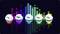 Five colourful, glowing speakers in front of a background with vibrant, ascending bars reminiscent of an equaliser.