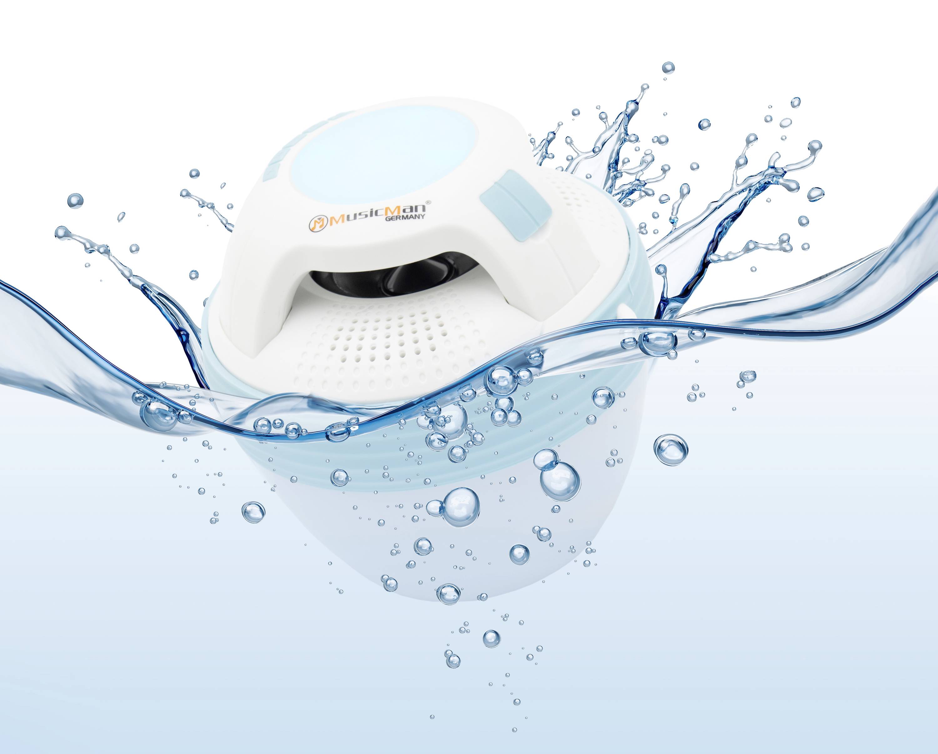 A small, white device with a blue border, half-submerged in water, surrounded by splashing water droplets.