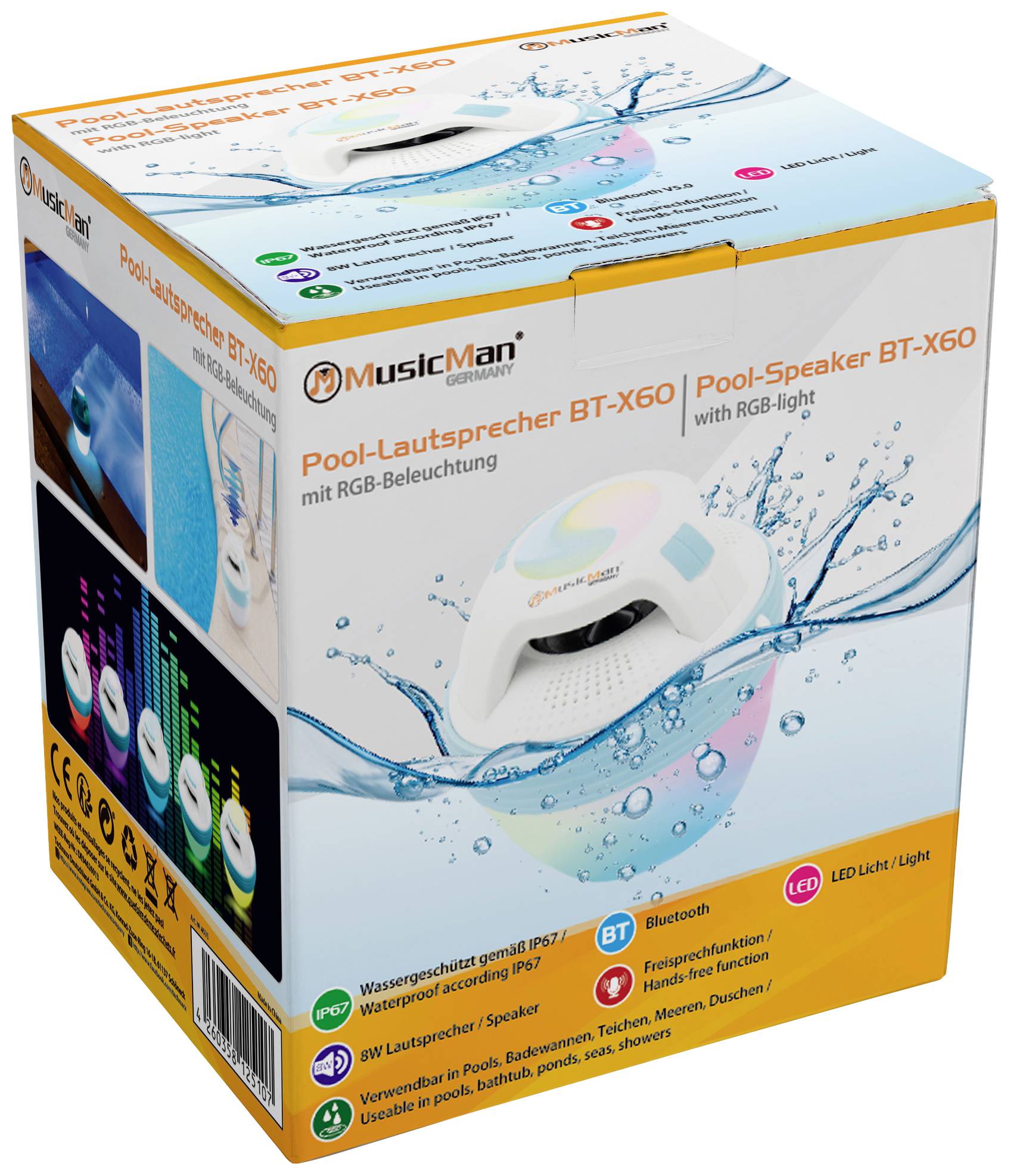 Packaging for a Pool Speaker with RGB Lighting. Features: water-resistant (IP67), Bluetooth, LED light, suitable for pools.
