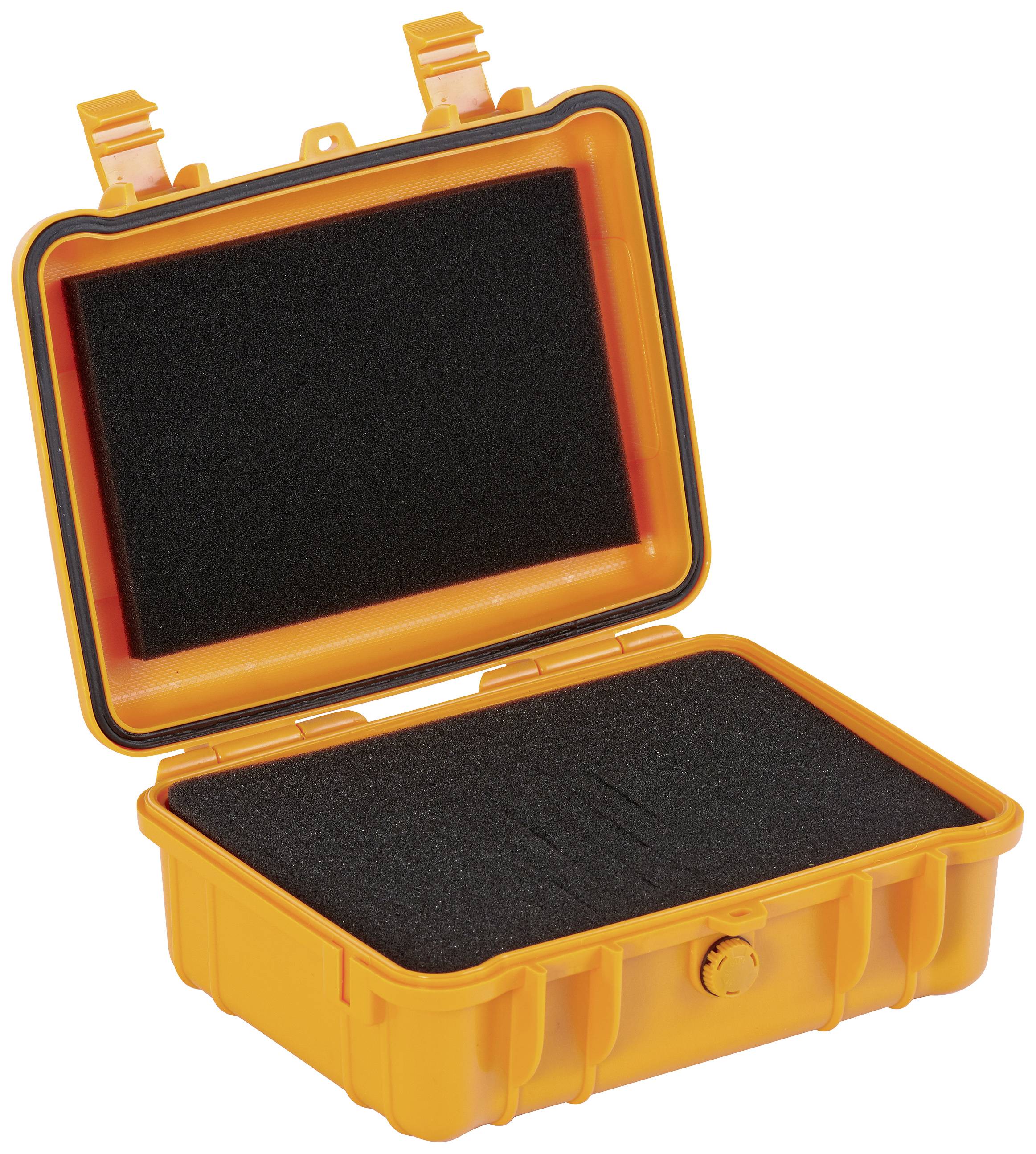An open, orange protective case with black foam interior, designed for transporting delicate items.