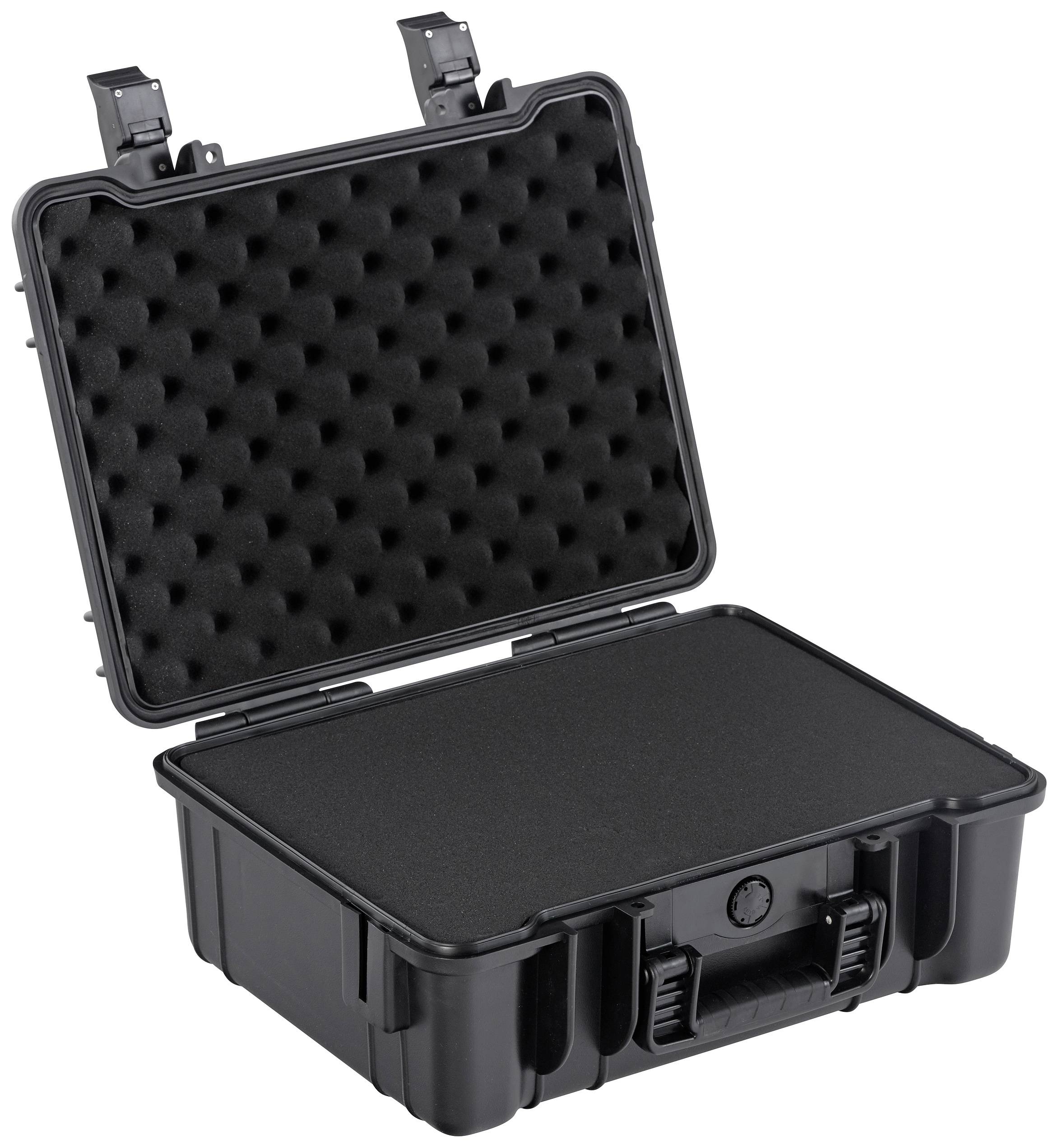 An open, black protective case with foam padding. Ideal for the secure storage and transportation of delicate items.