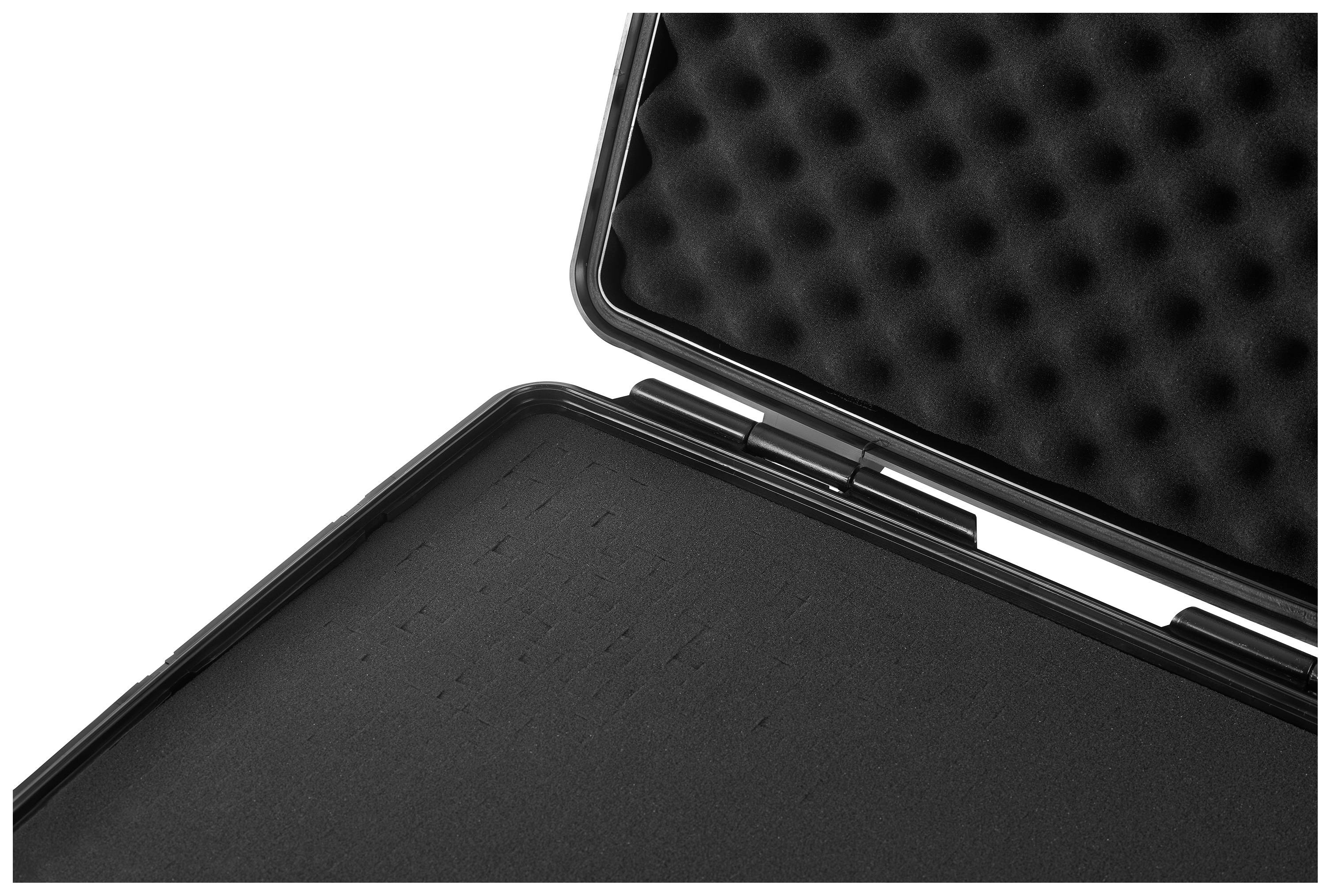 'Empty black suitcase with foam padding inside. The suitcase is slightly open to reveal the padded interior.'