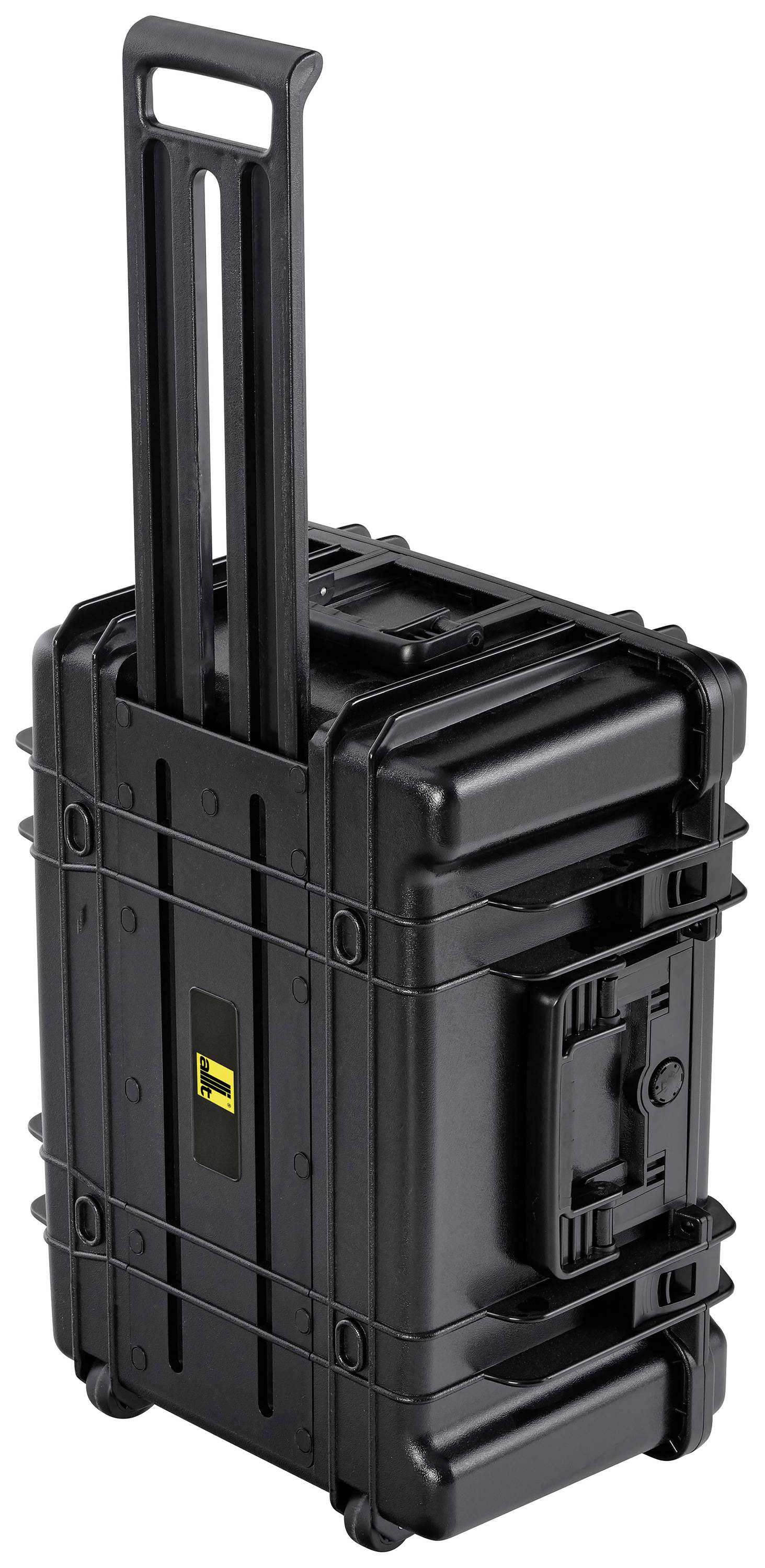 A durable, black wheeled suitcase with an extendable handle and robust locks. Perfect for transporting equipment.