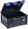 Black plastic box with an open lid and blue fastenings. Suitable for storing or transporting tools and materials.
