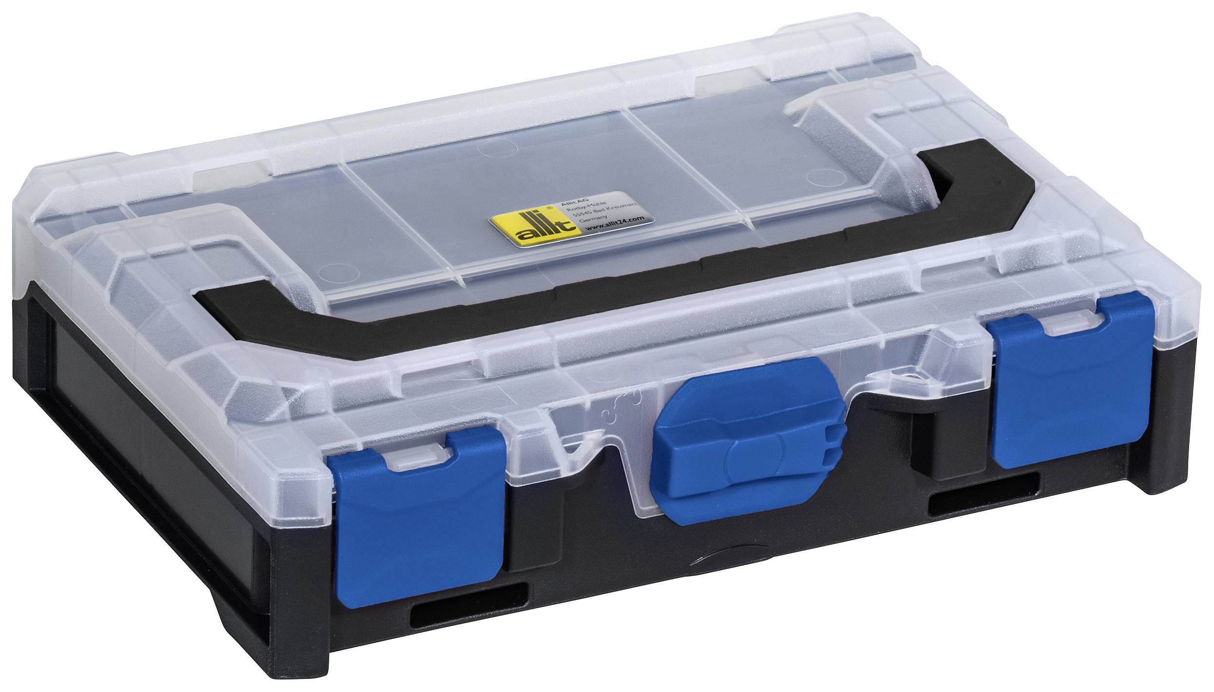 Transparent, rectangular storage box with a blue lid and black handle. Ideal for securely storing items.